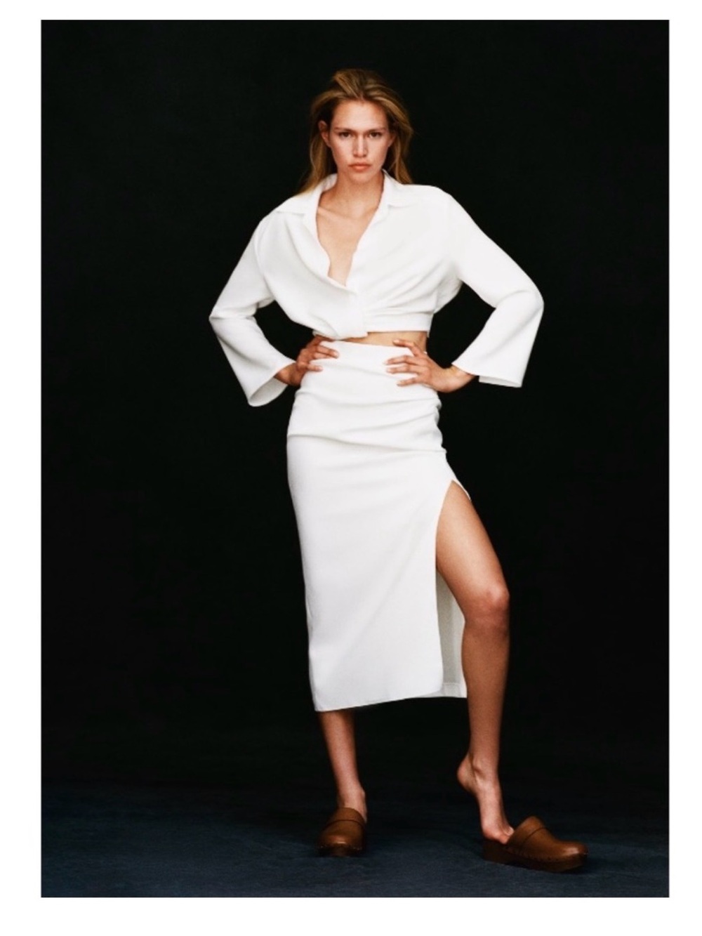 Zara White Midi Pencil Skirt with High Side Slit